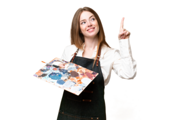Young artist woman holding a palette over isolated chroma key background pointing up a great idea