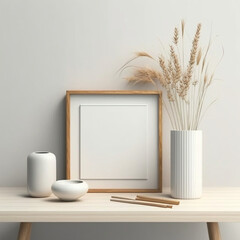 Quadratischer Holzrahmen Mockup auf Vintage-Bank, Tisch. Moderne wei&szlig;e Keramikvase mit trockenem Lagurus ovatus Gras, B&uuml;cher und Visitenkarte. Wei&szlig;e Wand Hintergrund. Skandinavisches Interieur.