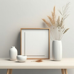 Quadratischer Holzrahmen Mockup auf Vintage-Bank, Tisch. Moderne wei&szlig;e Keramikvase mit trockenem Lagurus ovatus Gras, B&uuml;cher und Visitenkarte. Wei&szlig;e Wand Hintergrund. Skandinavisches Interieur.