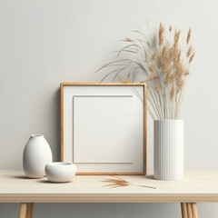 Quadratischer Holzrahmen Mockup auf Vintage-Bank, Tisch. Moderne wei&szlig;e Keramikvase mit trockenem Lagurus ovatus Gras, B&uuml;cher und Visitenkarte. Wei&szlig;e Wand Hintergrund. Skandinavisches Interieur.