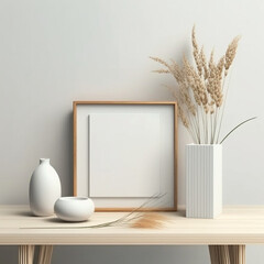 Quadratischer Holzrahmen Mockup auf Vintage-Bank, Tisch. Moderne wei&szlig;e Keramikvase mit trockenem Lagurus ovatus Gras, B&uuml;cher und Visitenkarte. Wei&szlig;e Wand Hintergrund. Skandinavisches Interieur.
