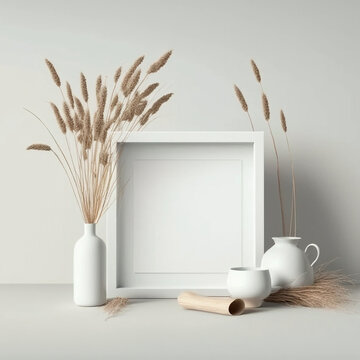 Quadratischer Holzrahmen Mockup auf Vintage-Bank, Tisch. Moderne wei&szlig;e Keramikvase mit trockenem Lagurus ovatus Gras, B&uuml;cher und Visitenkarte. Wei&szlig;e Wand Hintergrund. Skandinavisches Interieur.