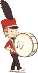 Cartoon character of marching band bass drum player.