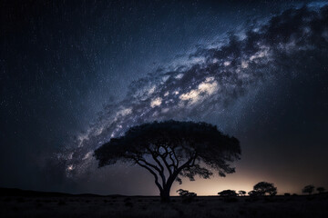 long exposure shot with grain of a silhouetted tree, cloud, and milky way. Generative AI