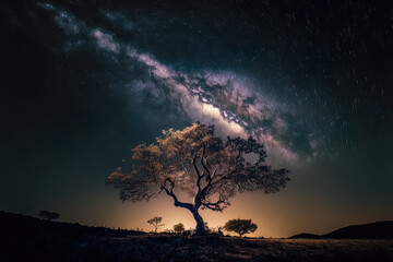 Long exposure shot with grain taken at khao kho phetchabun, Thailand, showing the milky way and a tree's silhouette. Generative AI