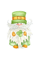 Watercolor illustration of a leprechaun for St. Patrick's Day. Cute gnome with Clover isolated on white background. Funny Gnome for Design Banners, cards and greetings.