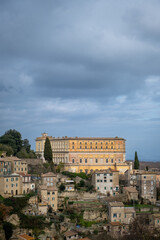 Landscape of the old town of Caprarola with the ancient buildings Palazzo Farnese or Villa Farnese....