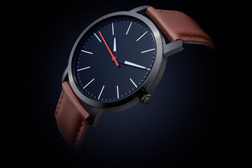 Slim Black wrist watch with Brown leather strap and the unnumbered dial face 