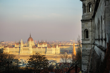 Fototapeta na wymiar Budapest Parliament from Fisherman Bastion at the sunset, Hungary