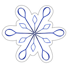 Hand Drawn Christmas Snowflake Sticker Isolated on White Background. New Year Illustration Drawn by Colored Pencil. Blue Snowflake. Winter Symbol of Christmas, xmas.