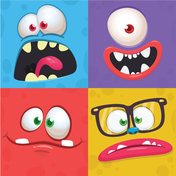 Funny cartoon monster faces. Illustration of  alien different expression. Halloween design. Great for party decoration or package design