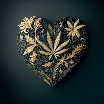 Heart symbol made of green marijuana. Heart Shape Cannabis Flower. medical usage. Valentines day concept. Generative AI