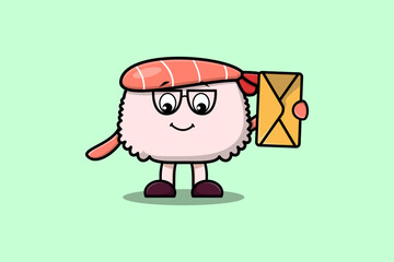 Cute cartoon Sushi shrimp holding envelope with cartoon vector illustration style