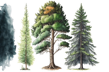 watercolor sketch of fir, pine, and shrub with separated natural features. Generative AI - obrazy, fototapety, plakaty