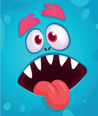 Funny cartoon monster character face expression showing long tongue. Illustration of cute and happy alien creature. Halloween design.