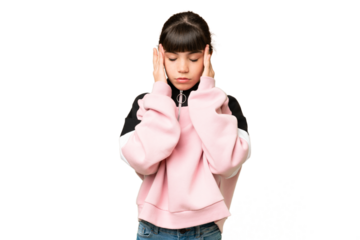 Little girl over isolated green chroma key background with headache