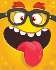 Funny cartoon monster character face expression showing long tongue. Illustration of cute and happy alien creature. Halloween design.