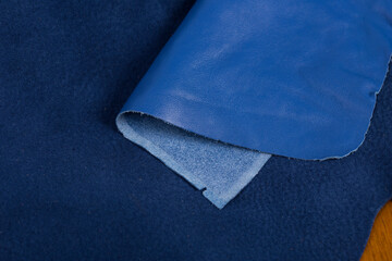 leather sample close up, blue leather texture folded