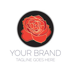 Elegant Rose Flower Brand Logo Design. Round Black, Gold and Red Logotype for Business