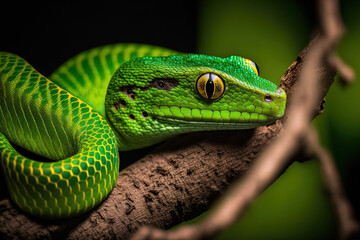 Fototapeta premium Green tree snake little child up close on a branch against a dark background tree python in green. Generative AI