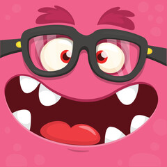 Funny cartoon monster character face expression wearing eyeglasses. Illustration of cute and happy alien creature. Halloween design