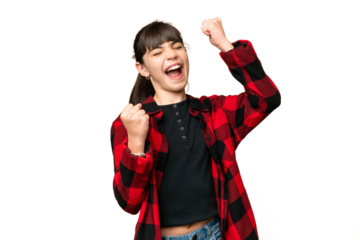 Little girl over isolated green chroma key background celebrating a victory