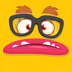 Funny cartoon monster character face expression wearing eyeglasses. Illustration of cute and happy alien creature. Halloween design
