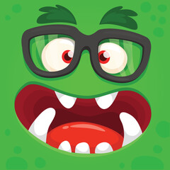 Funny cartoon monster character face expression wearing eyeglasses. Illustration of cute and happy alien creature. Halloween design