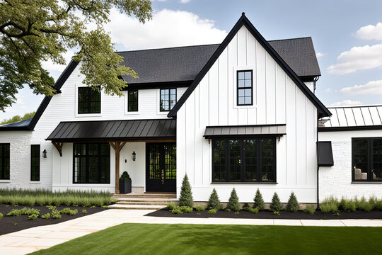 A brand new, white contemporary farmhouse with a dark shingled roof and black windows 