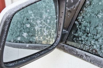 Frozen car rear view mirror and glass