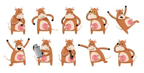 set of brown cow cartoon character vector illustration