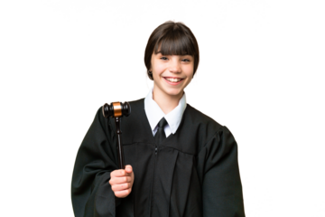 Little girl playing as a Judge over isolated background with surprise facial expression