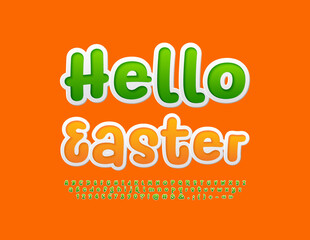 Naklejka premium Vector funny card Hello Easter. Green sticker Font. Playful style Alphabet Letters and Numbers set