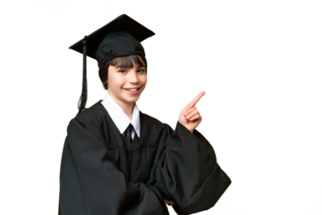 Little university girl over isolated background pointing finger to the side