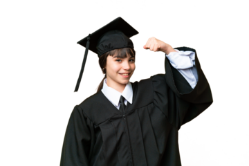 Little university girl over isolated background doing strong gesture