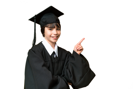 Little university girl over isolated background pointing finger to the side