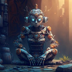 Illustration of meditating robot. Generative AI.