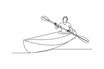 Continuous single one line drawing art of man rowing canoe. Vector illustration of sport man paddle kayak.