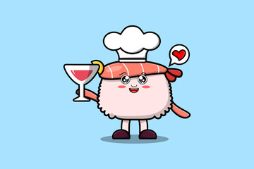 Cute cartoon Sushi shrimp chef character holding wine glass flat cartoon style illustration