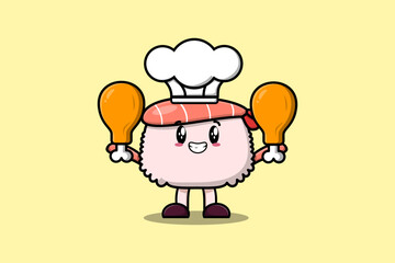 Cute cartoon Sushi shrimp chef character holding two chicken thighs flat cartoon style illustration