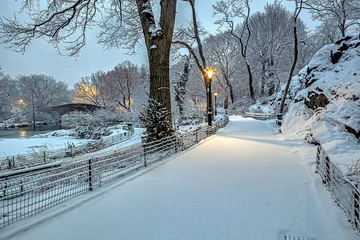 Fotobehang Gapstow Brug Gapstow Bridge in Central Park, snow storm