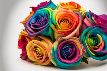 Fototapeta na wymiar A rainbow-colored bouquet of roses against a white background to show support for the LGBTQI community. Concept of love, Valentines Day, Freedom to Marry Day, gay wedding celebration, generative ai