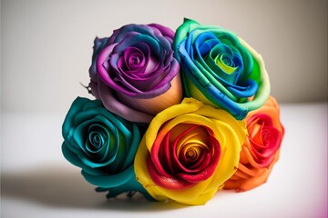 Rainbow-colored roses bouquet supporting the LGBTQI community on a white background. Concept of love, Valentines Day, Freedom to Marry Day, gay wedding celebration, generative ai