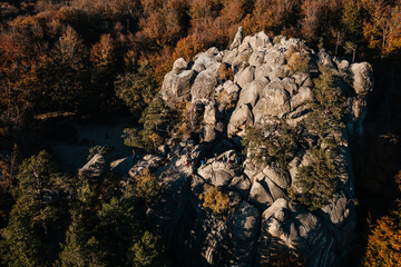 View of the Dovbush rocks from the mountain, a beautiful autumn landscape and a view of the Ukrainian nature reserve of the Dovbush rocks.