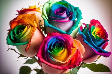 A rainbow-colored bouquet of roses on a white background in support of the LGBTQI community. Concept of love, Valentines Day, Freedom to Marry Day, gay wedding celebration, generative ai