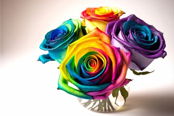 Fototapeta na wymiar A rainbow-colored bouquet of roses on a white background to support the LGBTQI community. Concept of love, Valentines Day, Freedom to Marry Day, gay wedding celebration, generative ai
