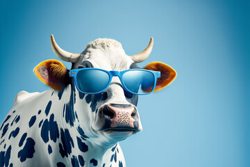 Funny cow with sunglasses in front of blue studio background. Generative AI. - obrazy, fototapety, plakaty