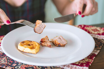 a piece of delicious homemade pancakes with bacon and potatoes