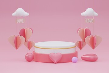 Valentines day podium surrounded by hanging hearts.3d rendering