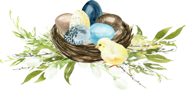 Cute watercolor easter illustration with flowers and animals